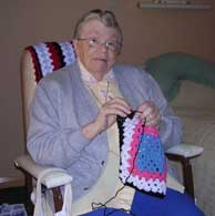 Sr Bernadine at Hubery nursing home, making rugs for charity